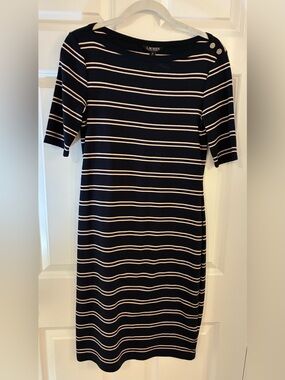 NEW! Ralph Lauren Navy & White Striped  Cotton Midi Tee Shirt Dress M